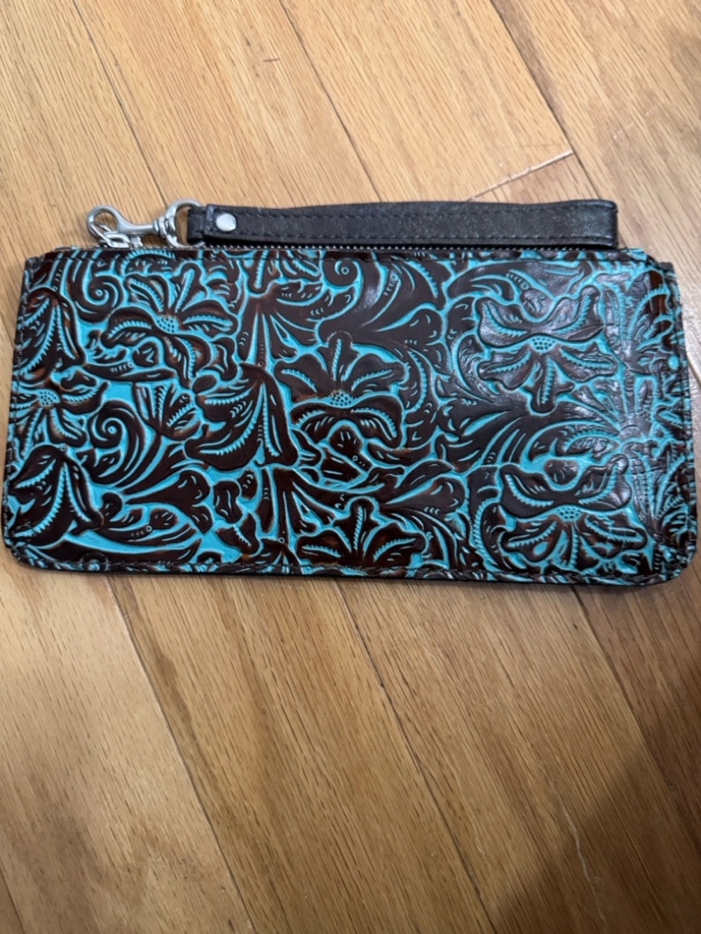 Patricia Nash Turquoise and Brown Embossed Leather Wristlet Clutch